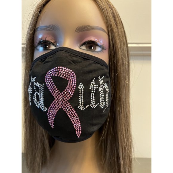 Breast Cancer Awareness Pink Ribbon Bling Face Mask Rhinestone - Picture 5 of 10